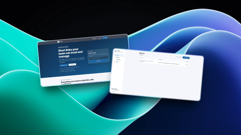 moklay — marketing site and links dashboard on a teal stage