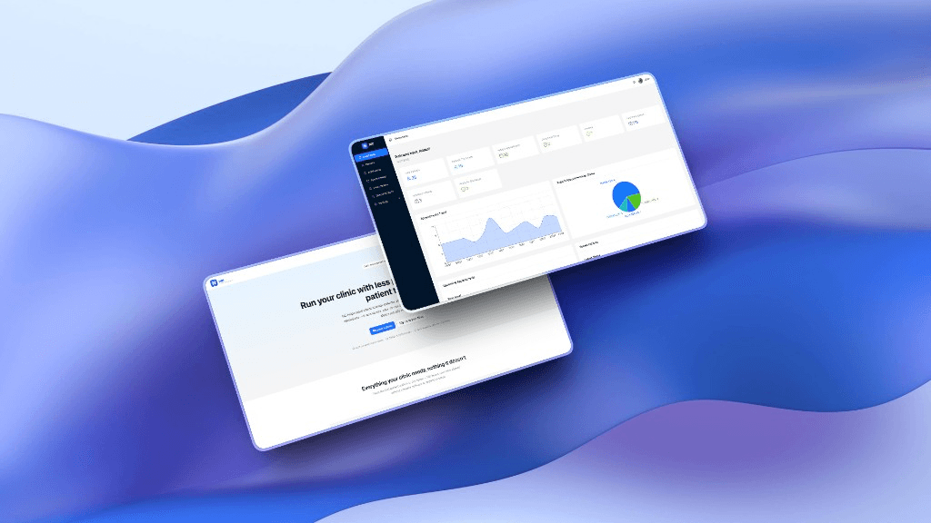 Niti clinic product — landing page and dashboard on a soft blue stage