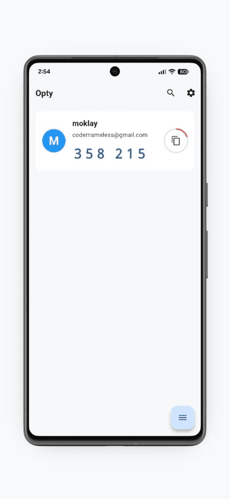Opty codes screen showing a moklay TOTP code on phone