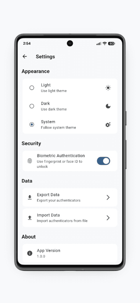 Opty settings with theme, biometrics, and export options