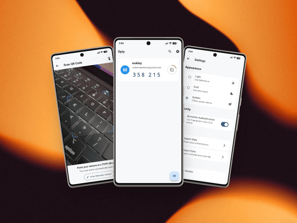Opty 2FA authenticator — codes, QR scan, and settings on three phones