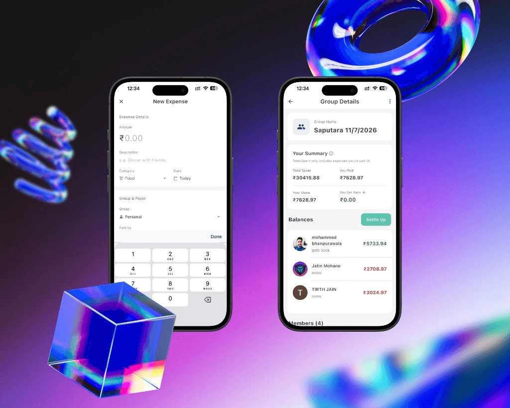 Timmy — New Expense and Group Details screens on iPhone