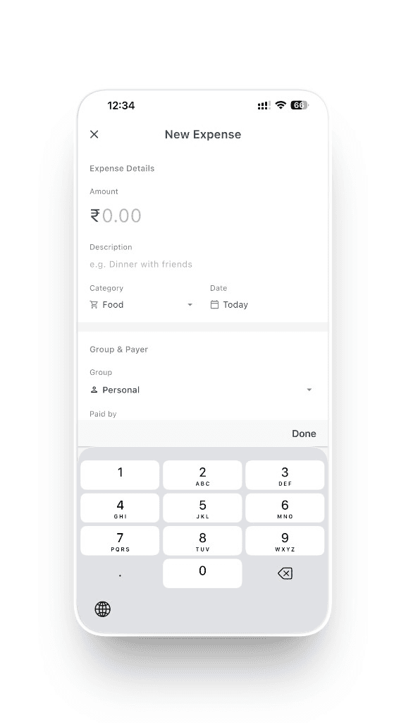 Timmy new expense screen with amount keypad on iPhone