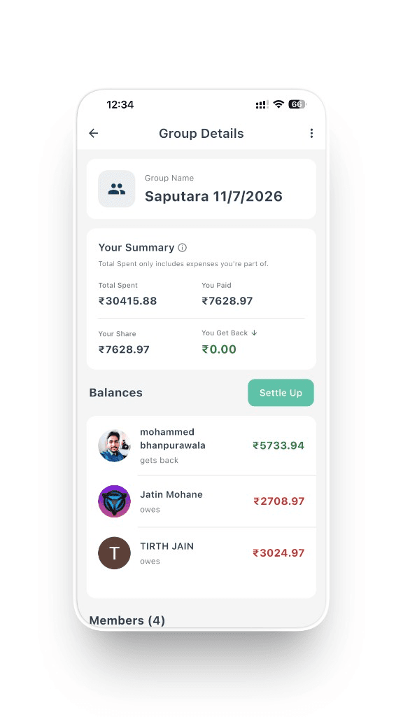 Timmy group details with summary balances and settle up on iPhone