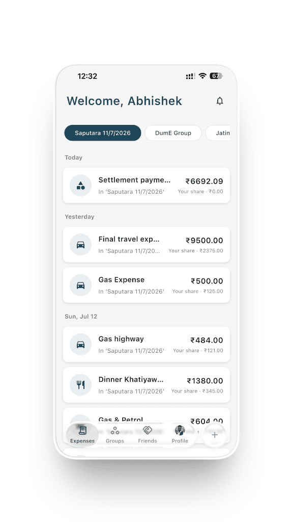 Timmy shared ledger — welcome screen with group expenses on iPhone