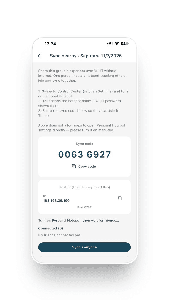 Timmy nearby sync screen with sync code and host IP on iPhone