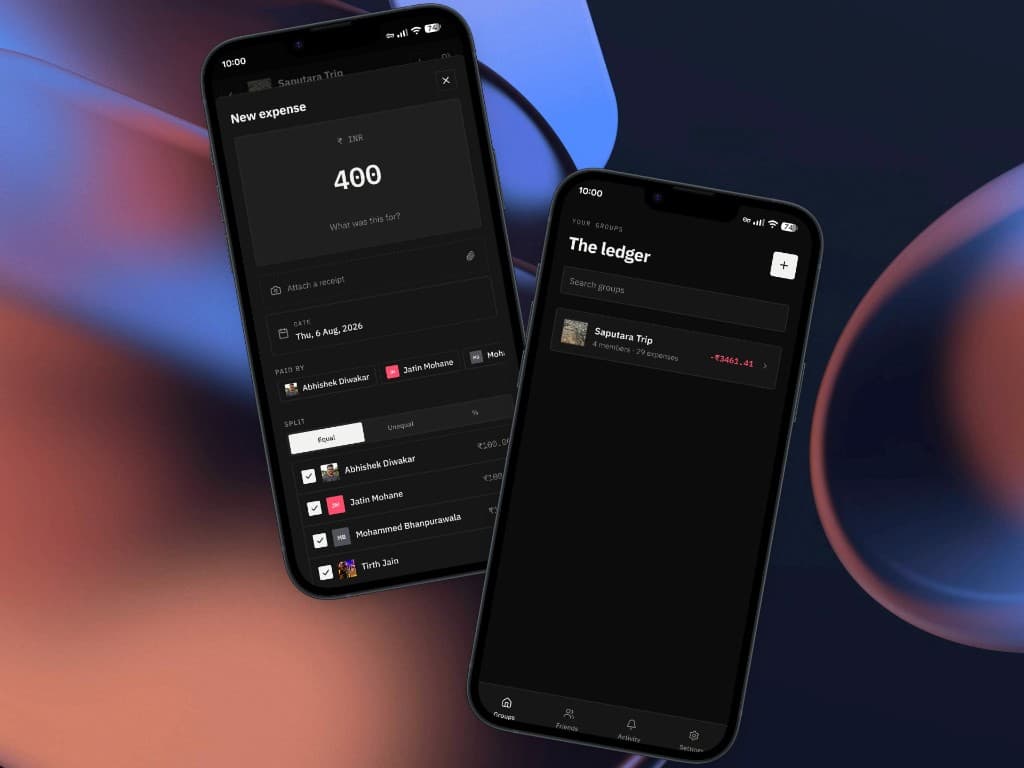 Timmy on two iPhones — the group ledger and a new expense